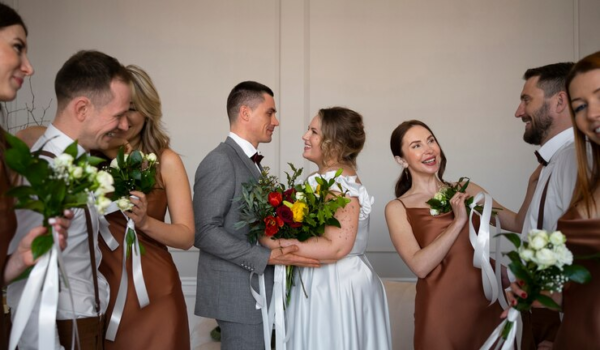 Bride with Groom and Guests are Celebrating Wedding