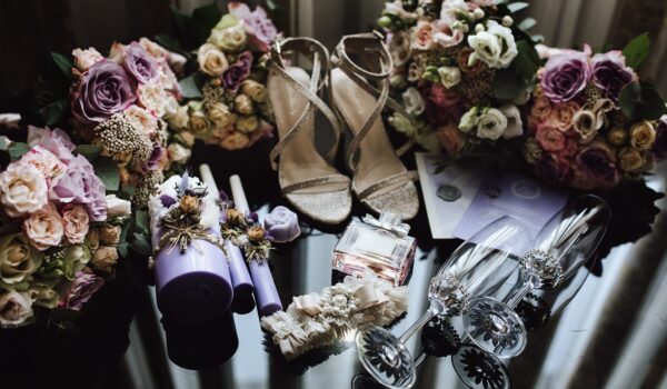 Wedding bridal accessories, ceremonial champagne glasses, wedding bouquets and bridesmaids